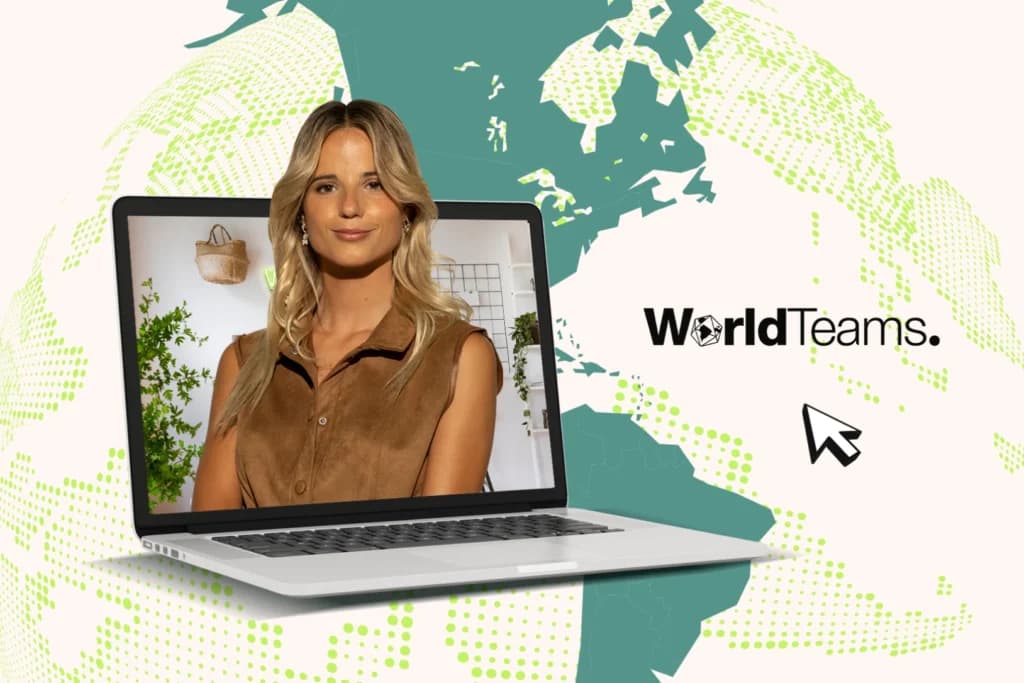 WorldTeams remote professional on a laptop over a world map