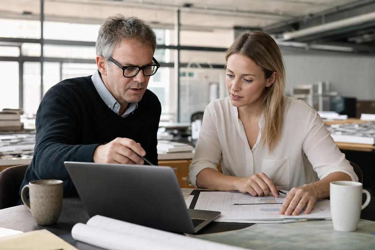 A firm principal comparing staffing scenarios with a project manager over a set of drawings