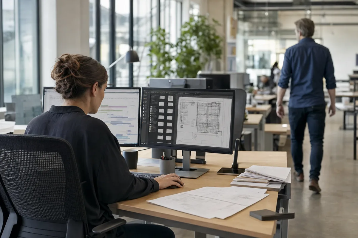 An architecture studio manager handling scheduling and document control at a shared desk