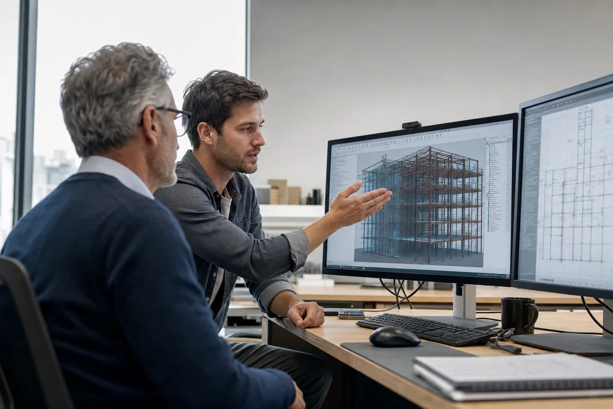 A BIM architect walking a colleague through a Revit model on a large monitor