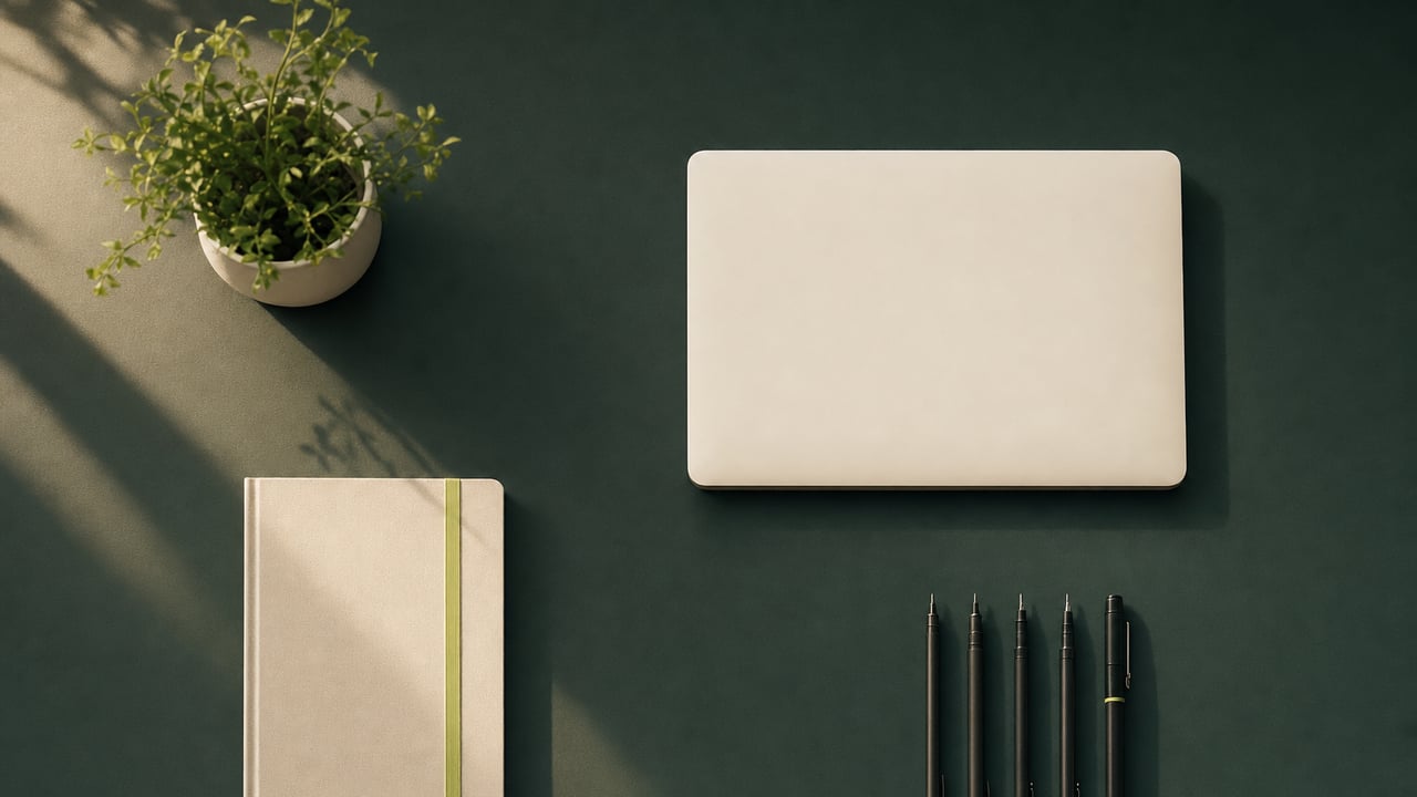 Tidy desk from above with drafting pens and a notebook