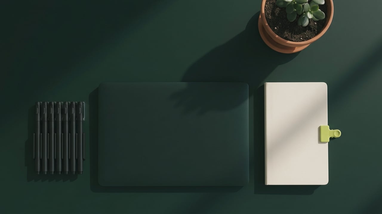 Tidy desk from above with drafting pens and a notebook