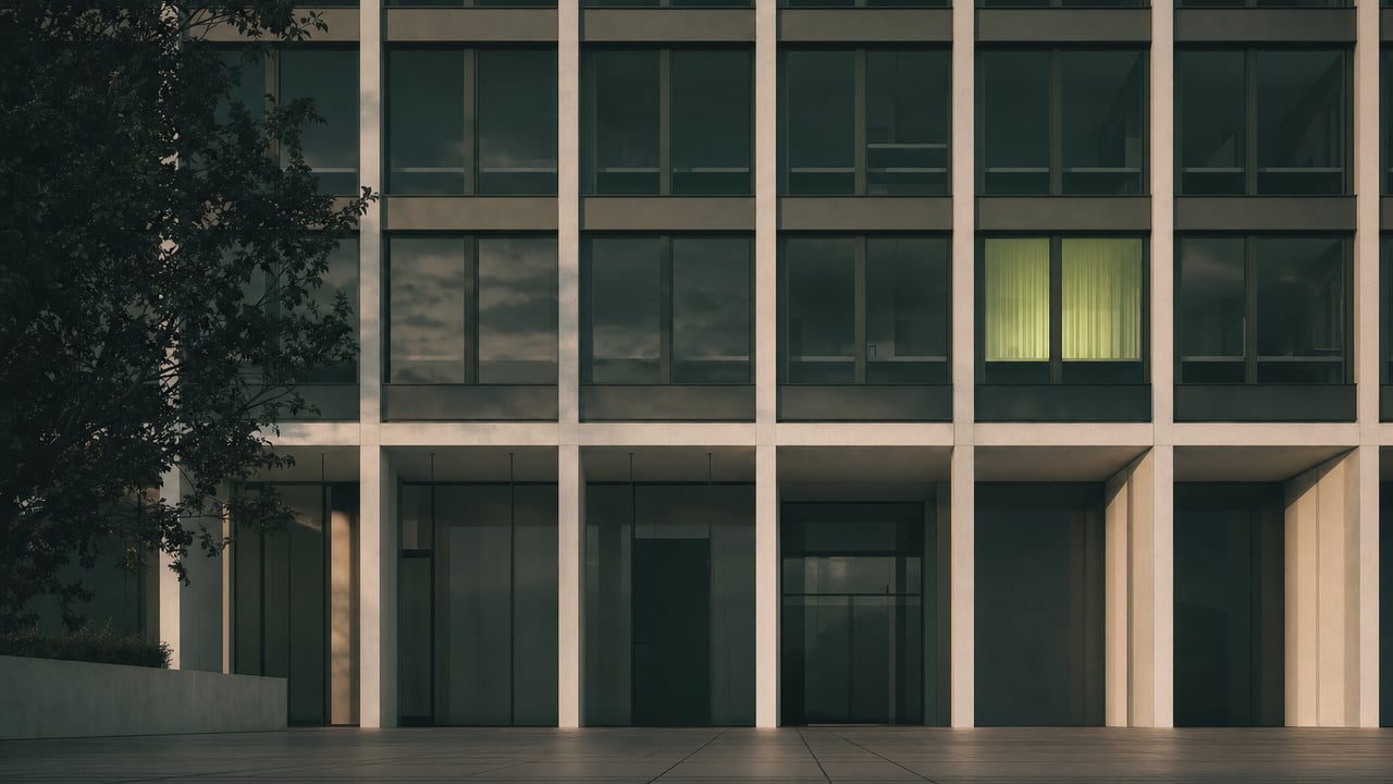 Modern facade with a repeating window grid at dusk