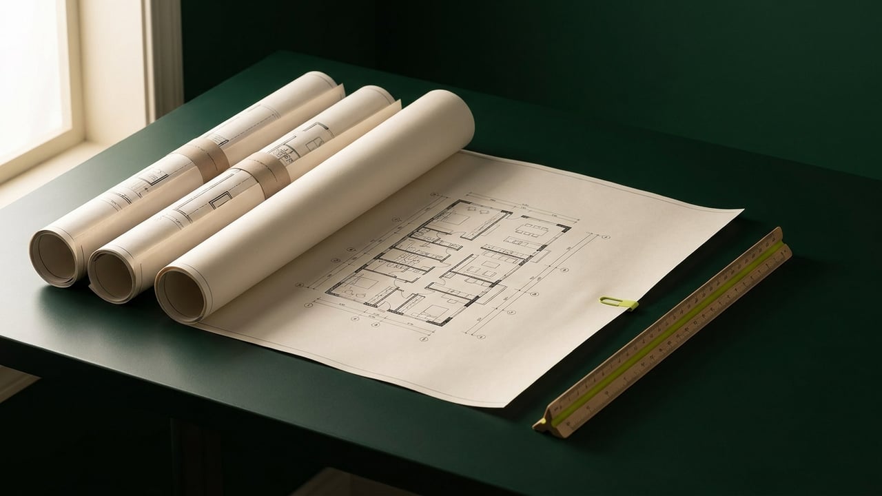 Rolled architectural drawings and a floor plan on a drafting table