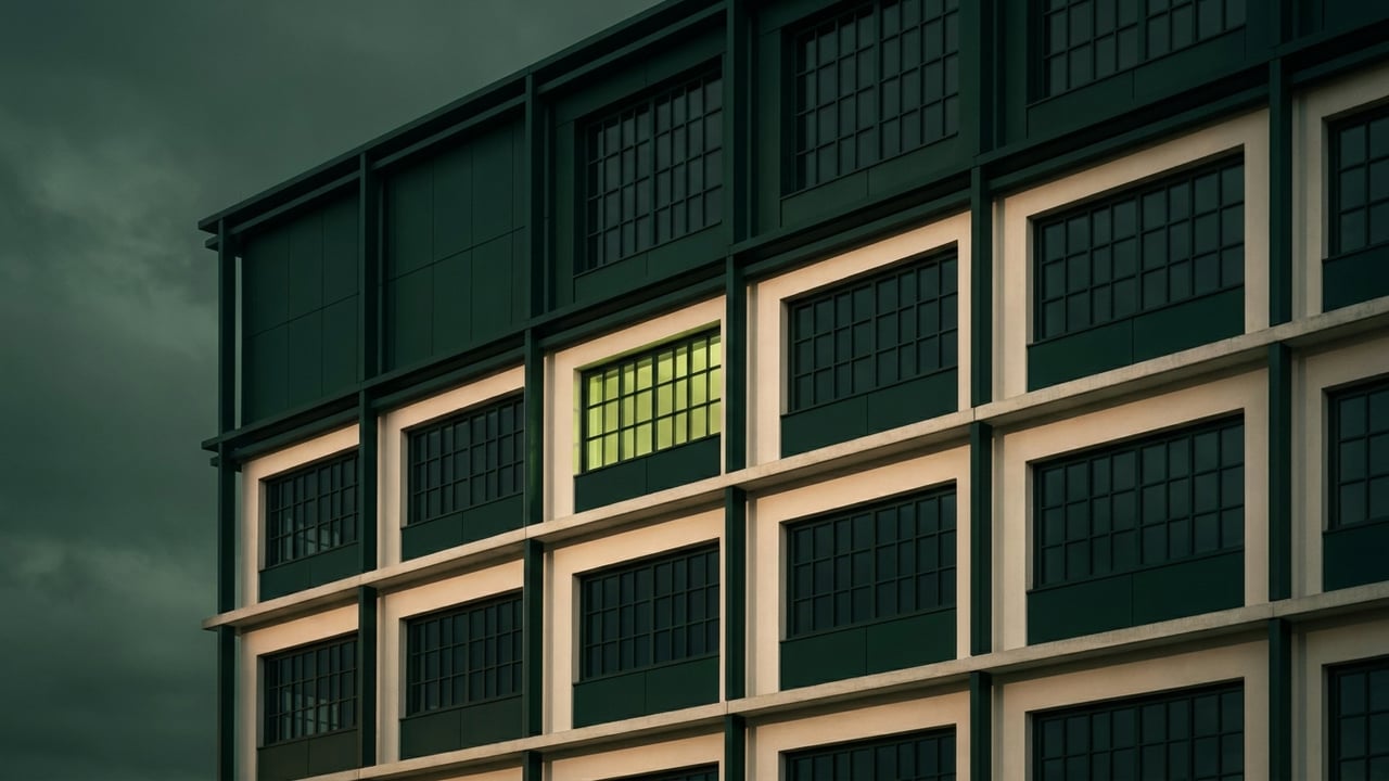 Modern facade with a repeating window grid at dusk