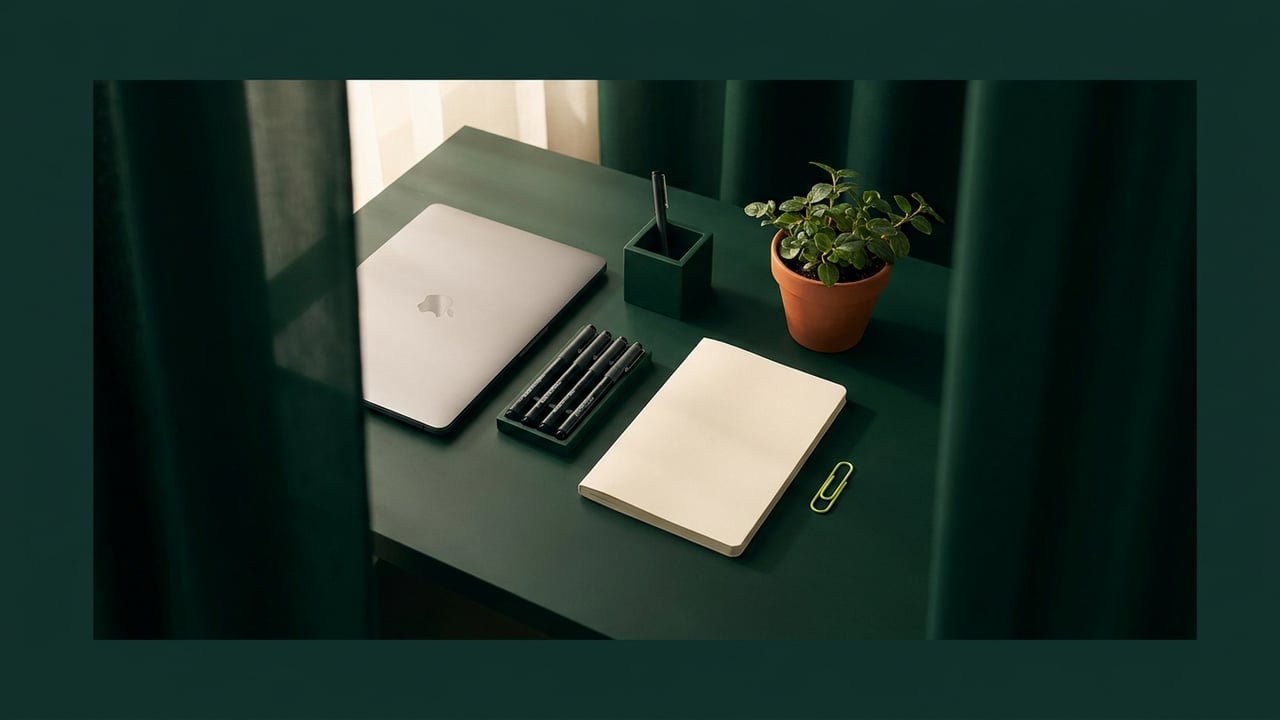 Tidy desk from above with drafting pens and a notebook