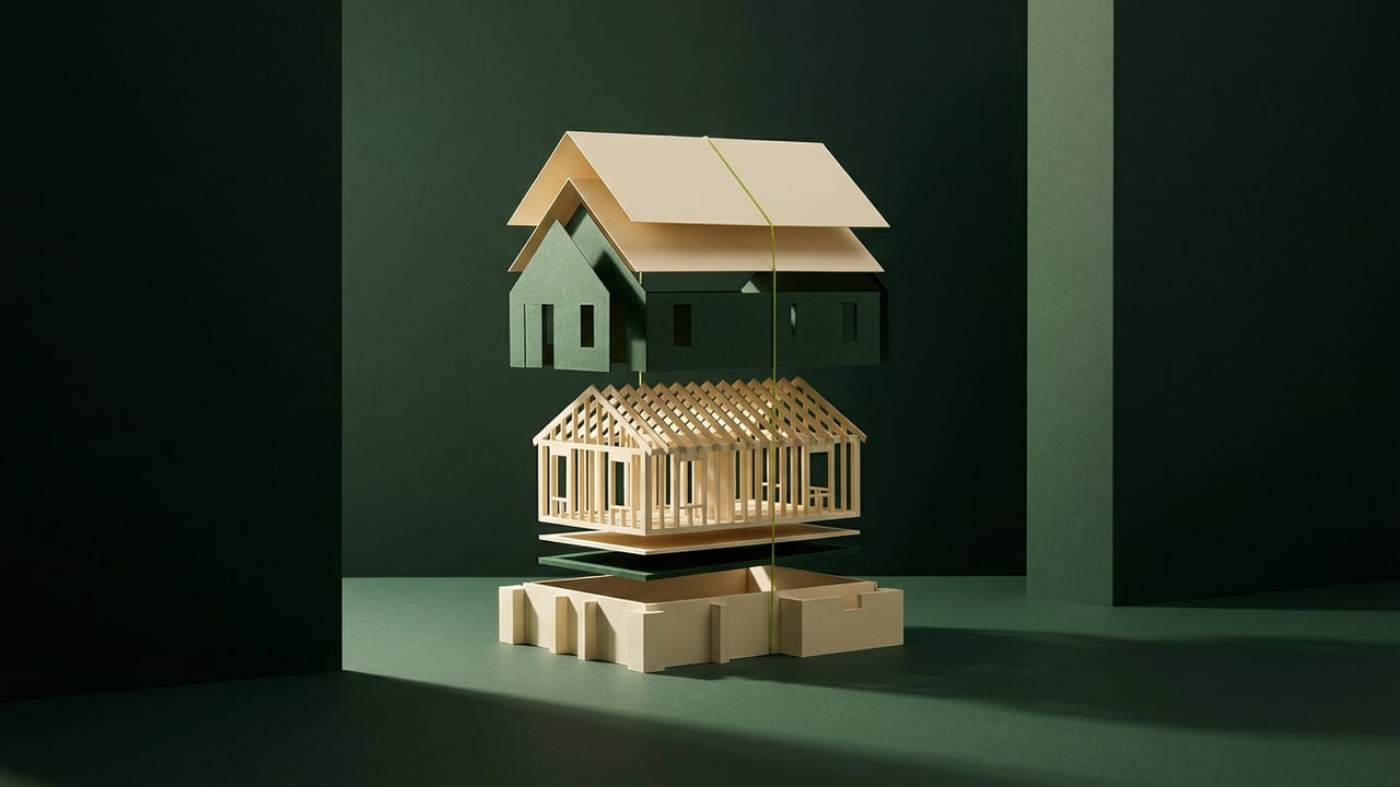 Exploded paper model of a house in cream and dark green
