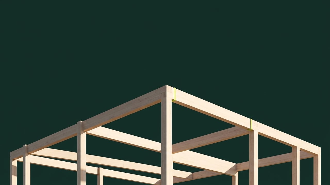 Residential timber frame under construction at golden hour