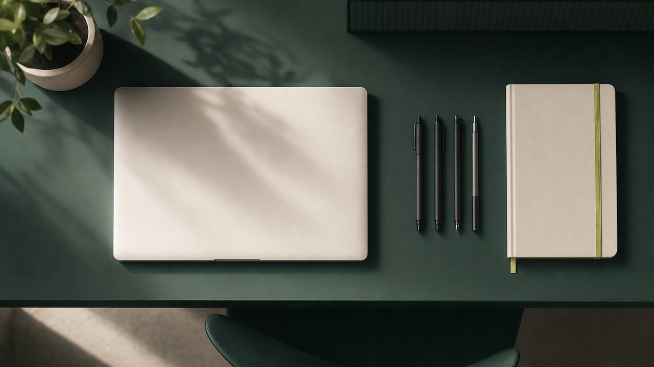 Tidy desk from above with drafting pens and a notebook