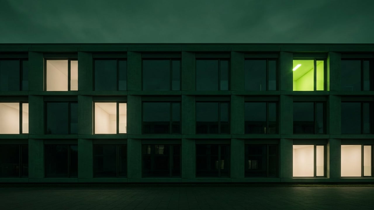Modern facade with a repeating window grid at dusk
