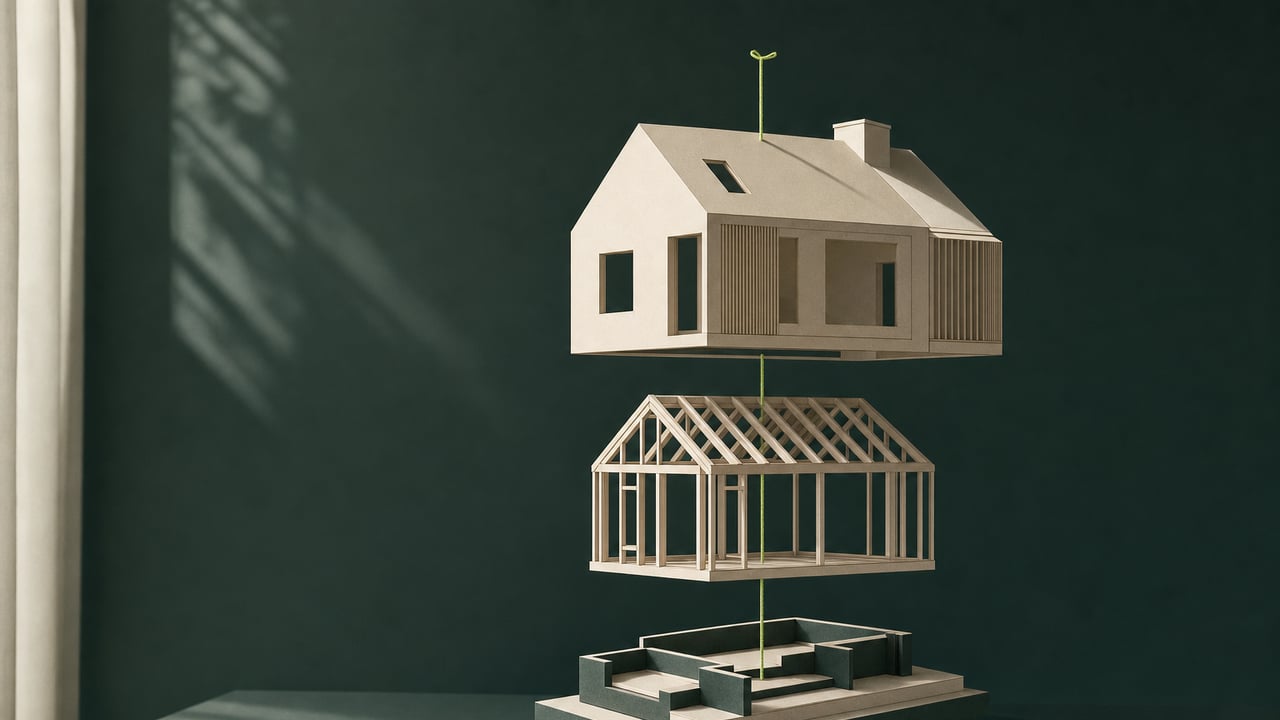 Exploded paper model of a house in cream and dark green