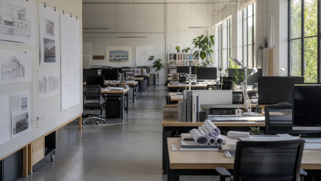Wide view of an open plan architecture and engineering studio
