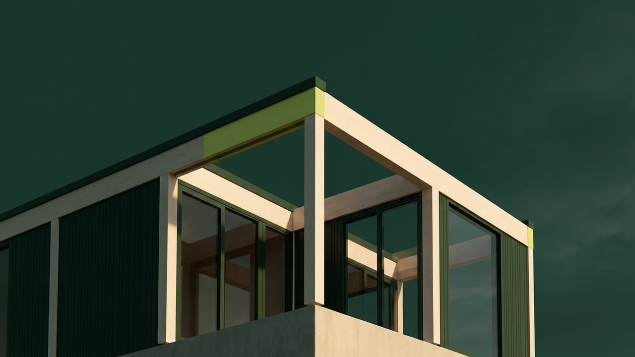 Residential timber frame under construction at golden hour