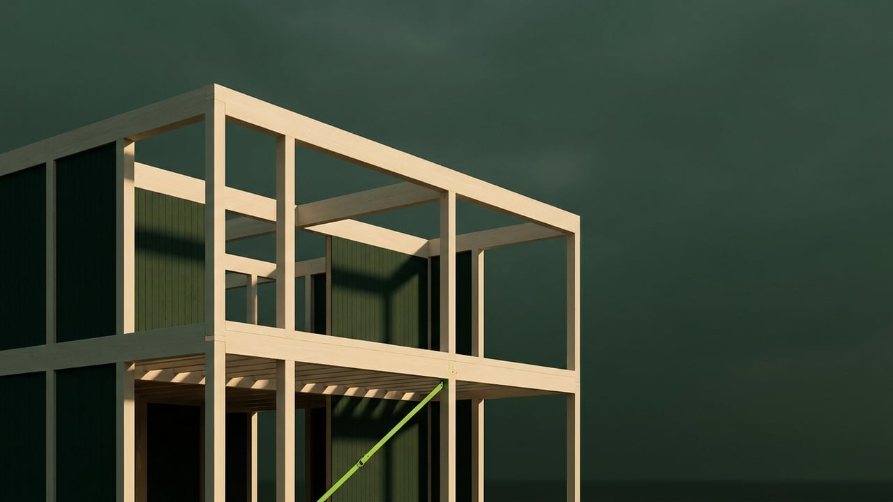 Residential timber frame under construction at golden hour