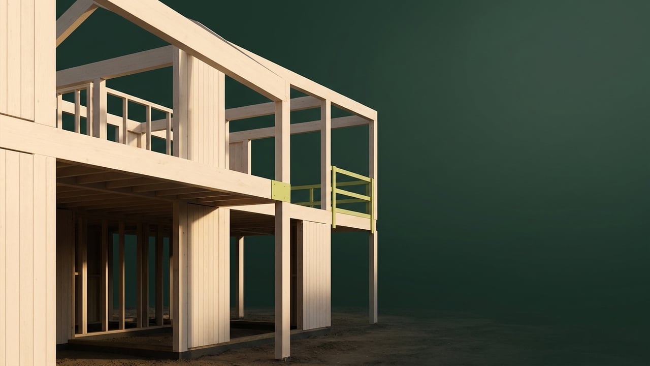 Residential timber frame under construction at golden hour