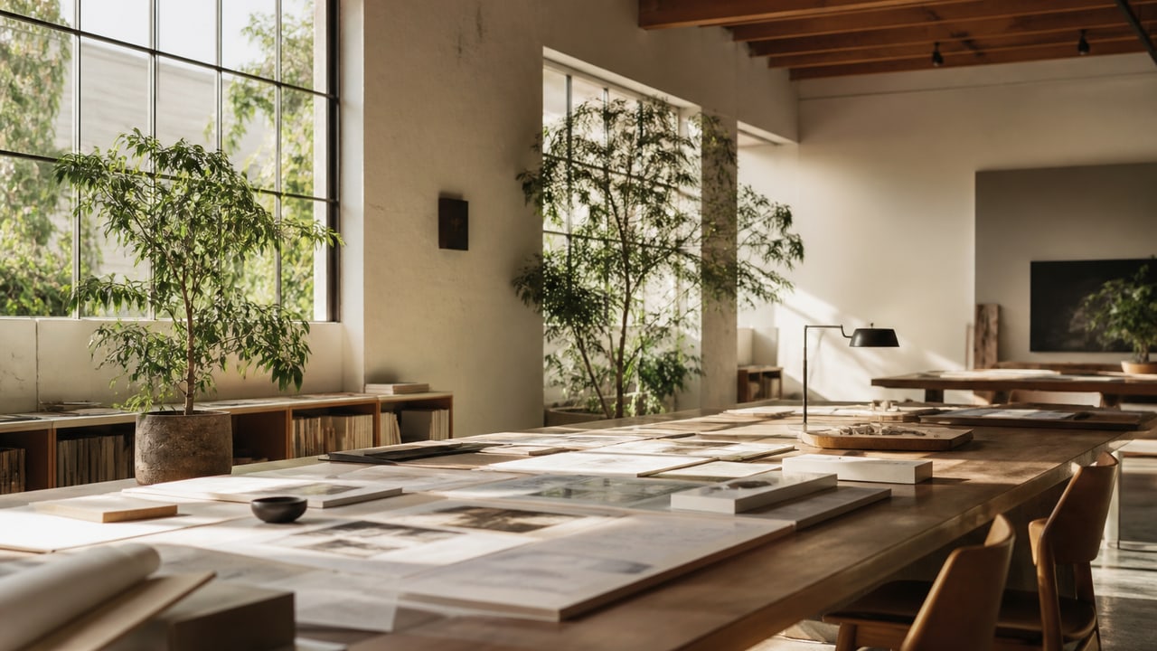 A sunlit California architecture studio with a long shared desk