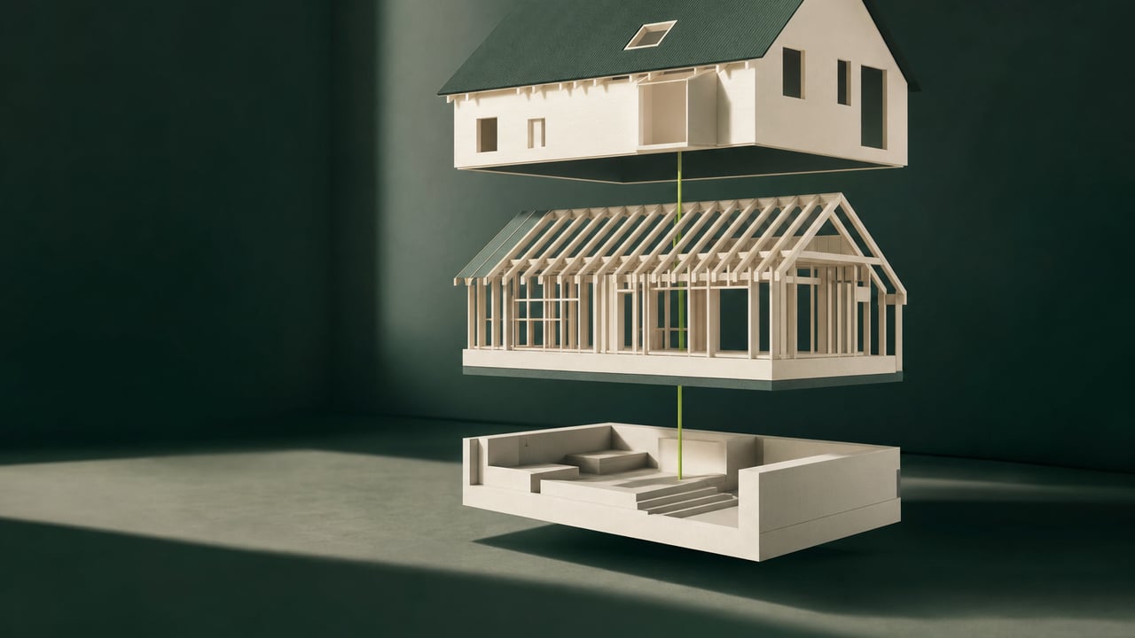 Exploded paper model of a house in cream and dark green