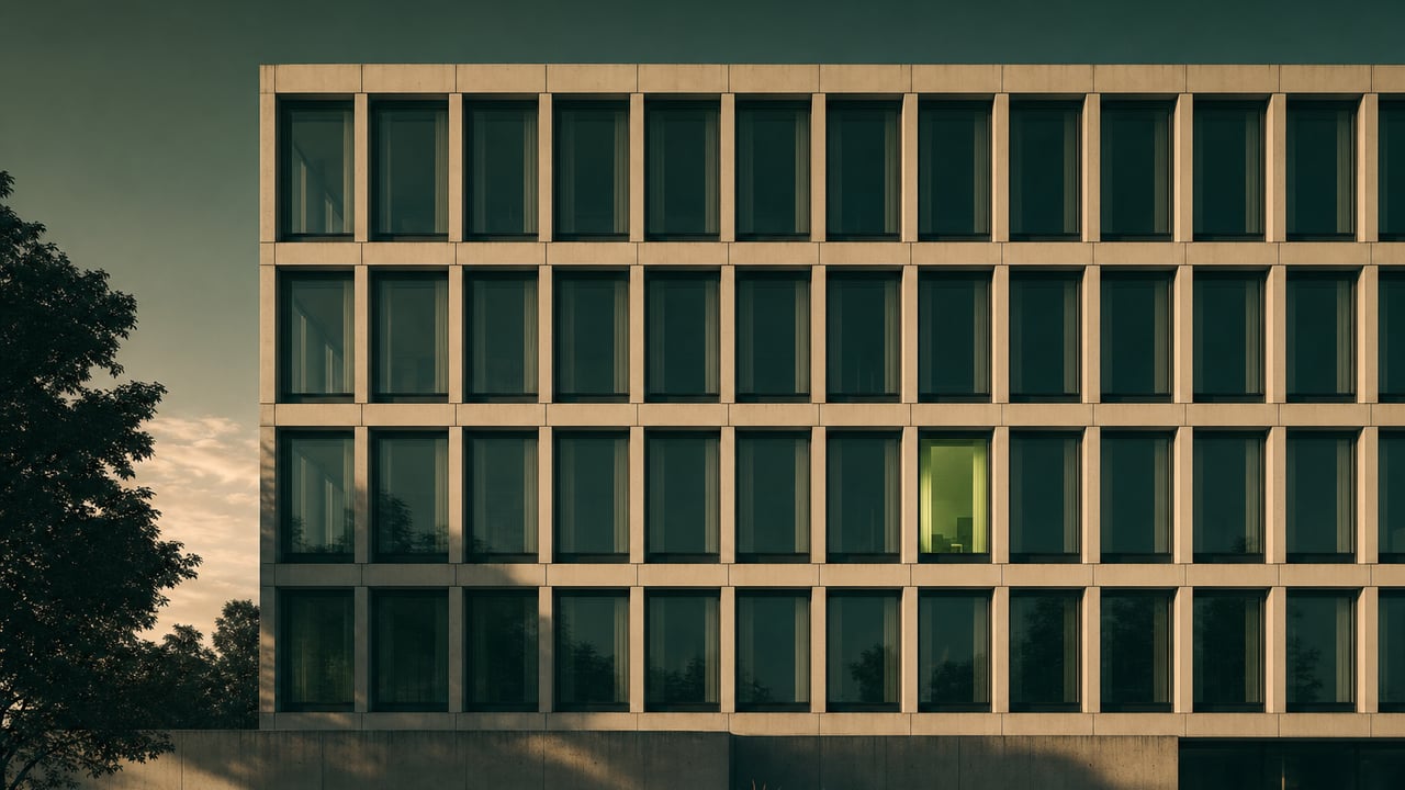 Modern facade with a repeating window grid at dusk