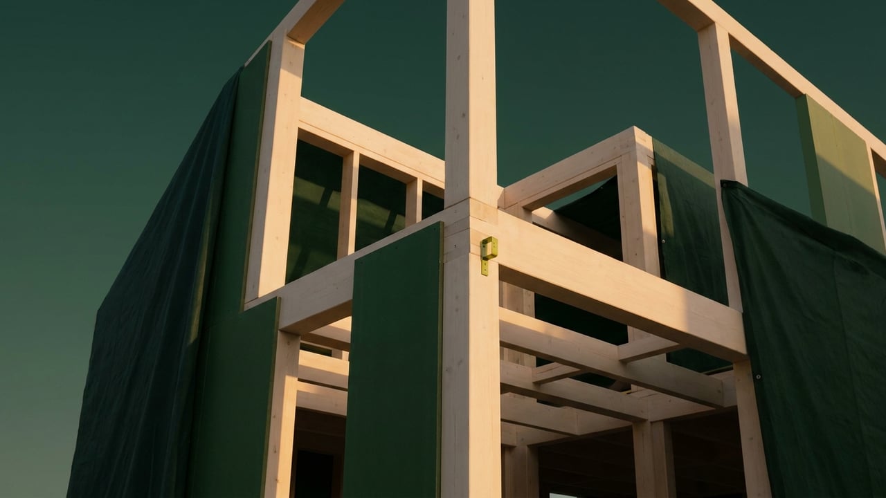 Residential timber frame under construction at golden hour