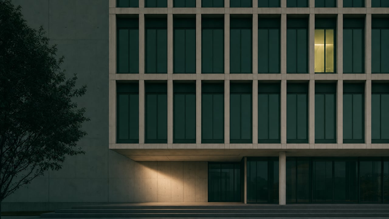 Modern facade with a repeating window grid at dusk