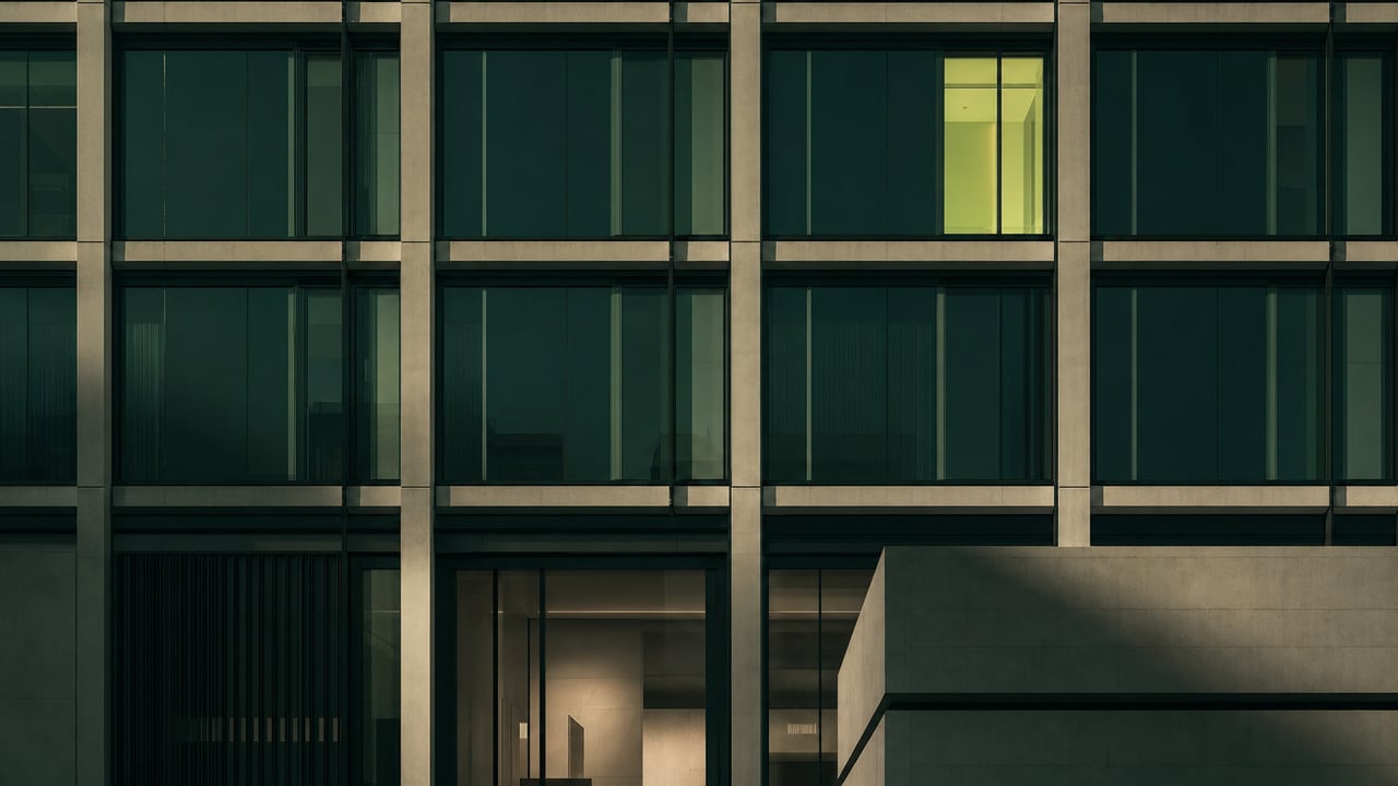 Modern facade with a repeating window grid at dusk