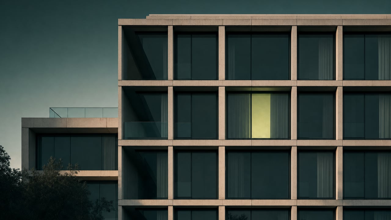 Modern facade with a repeating window grid at dusk