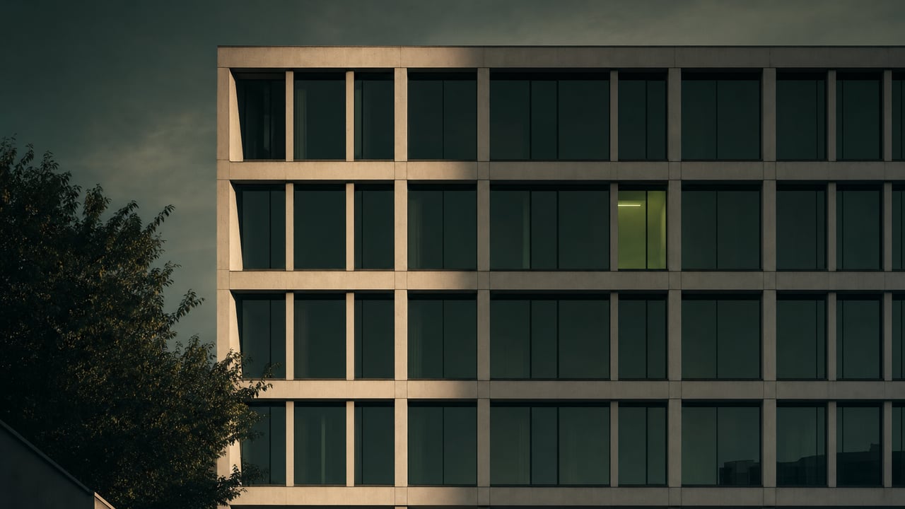 Modern facade with a repeating window grid at dusk