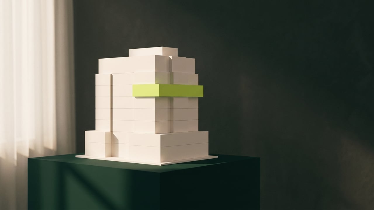 White massing model of a building with one lime-colored floor