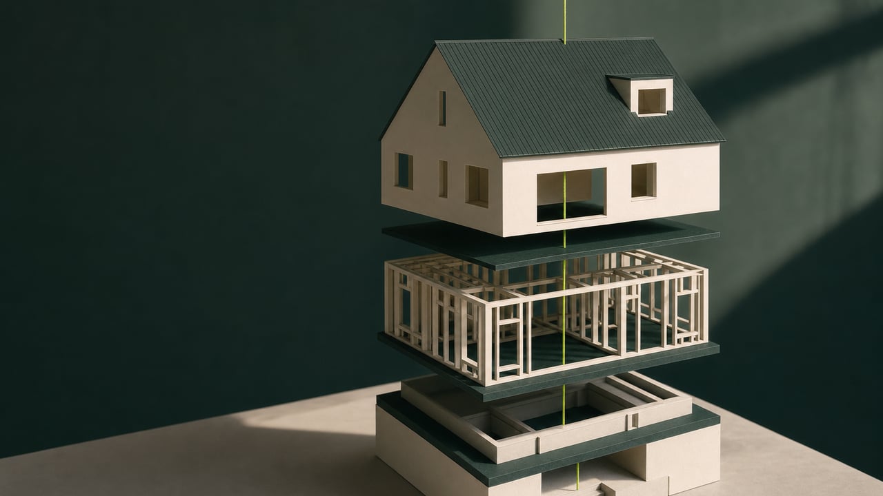 Exploded paper model of a house in cream and dark green