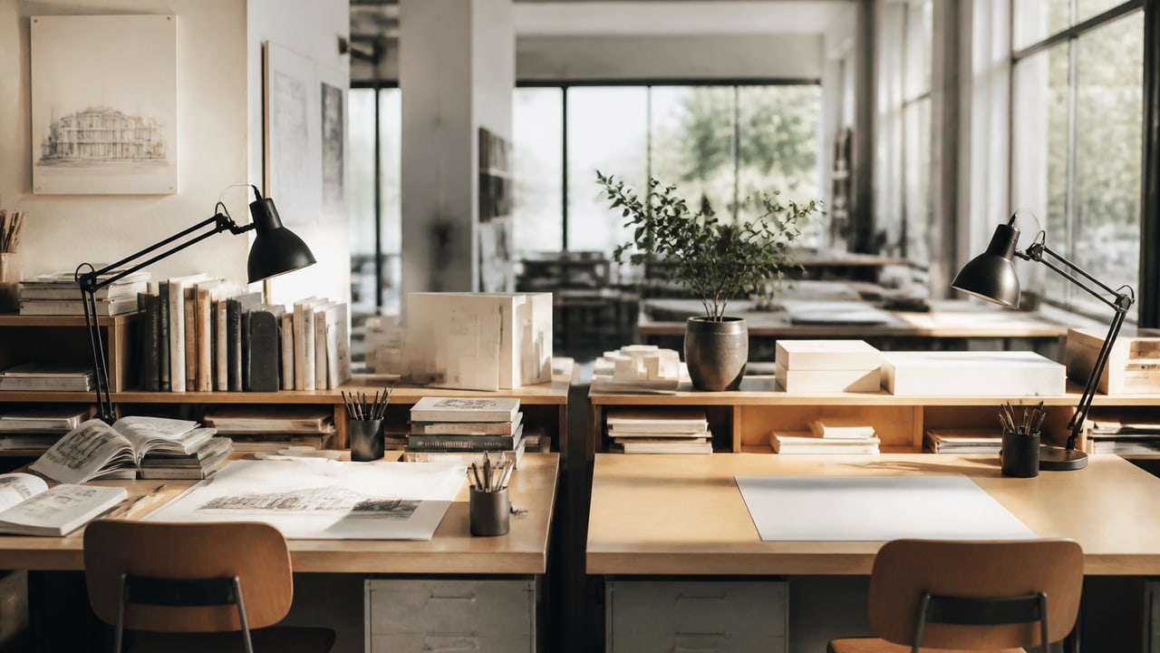 Two architecture studio workstations, one fully set up and one ready for a new arrival