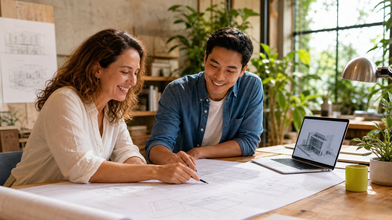 Two architects smiling as they review drawings at a studio table, a laptop with a 3D building model beside them