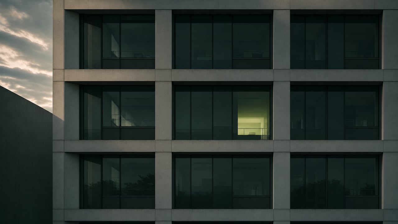 Modern facade with a repeating window grid at dusk