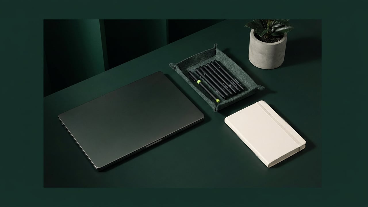 Tidy desk from above with drafting pens and a notebook