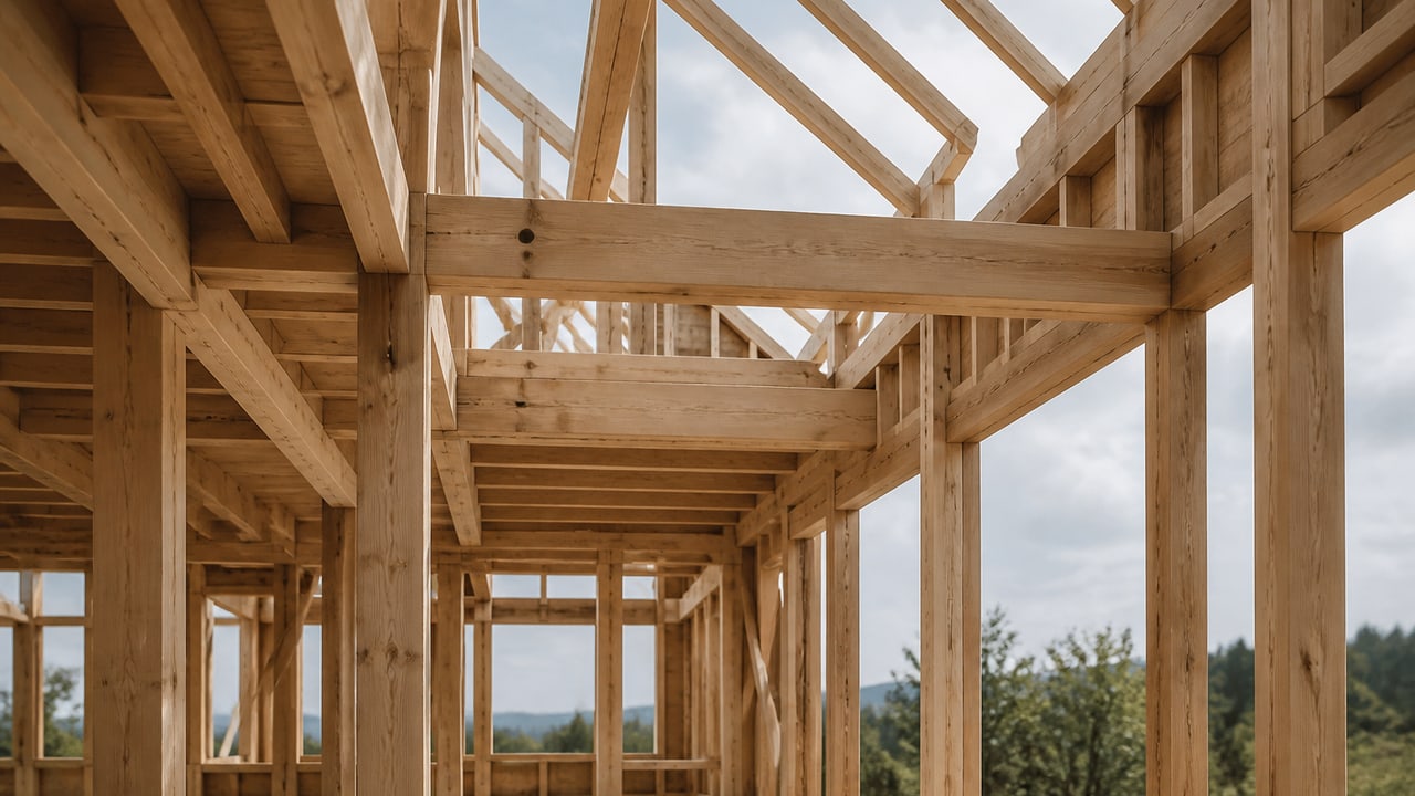 Timber framing of a house under construction seen from inside
