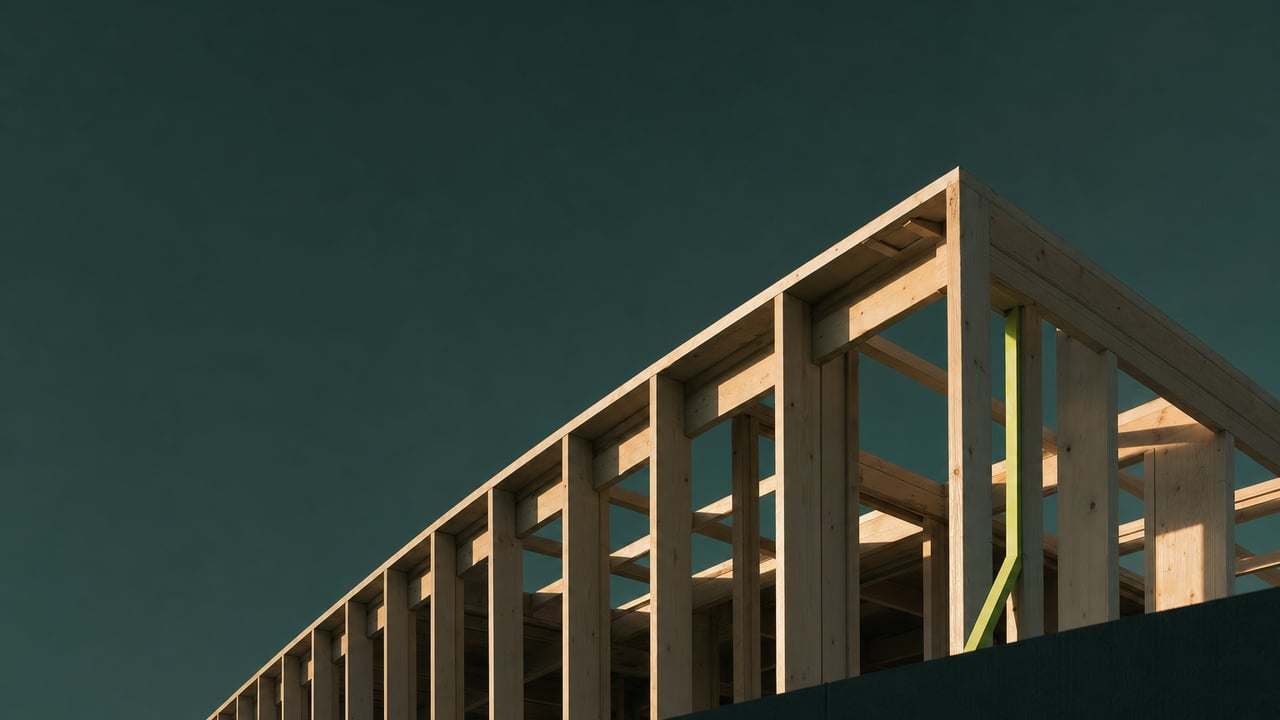 Residential timber frame under construction at golden hour