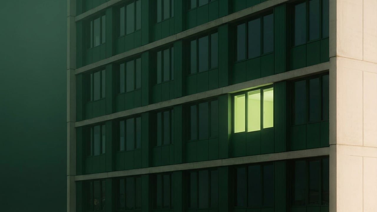 Modern facade with a repeating window grid at dusk