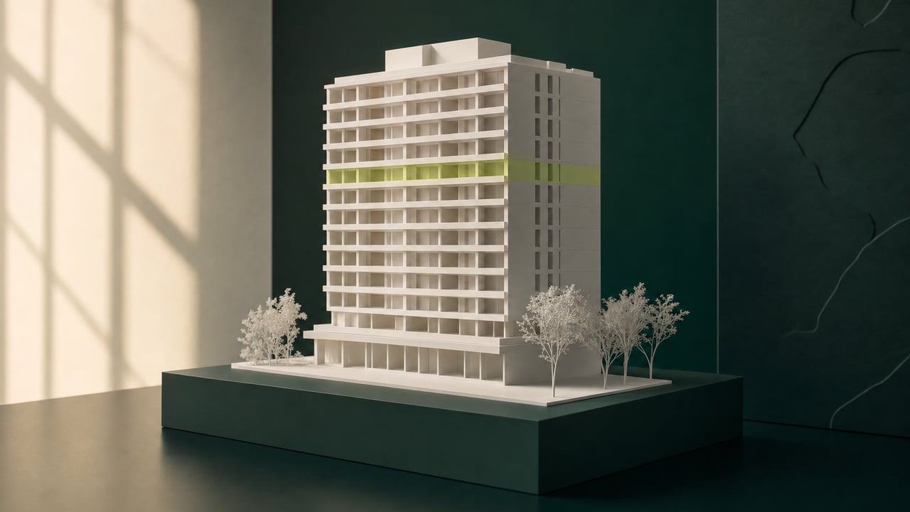 White massing model of a building with one lime-colored floor