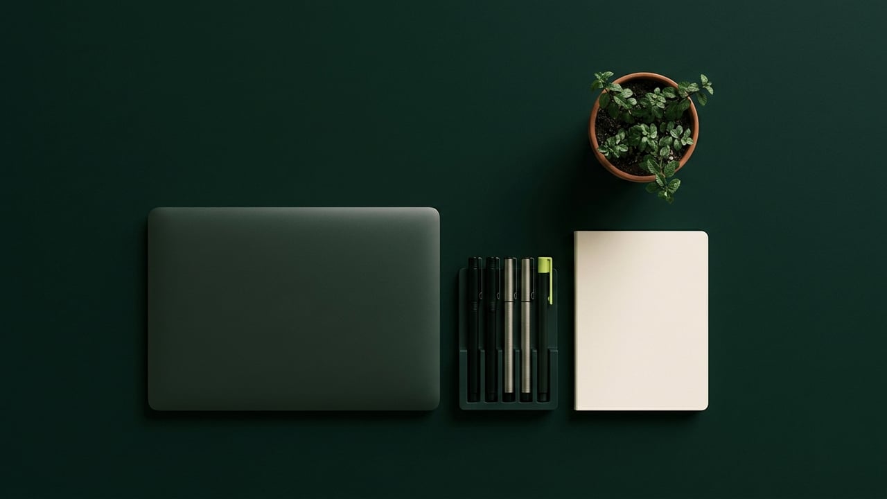 Tidy desk from above with drafting pens and a notebook