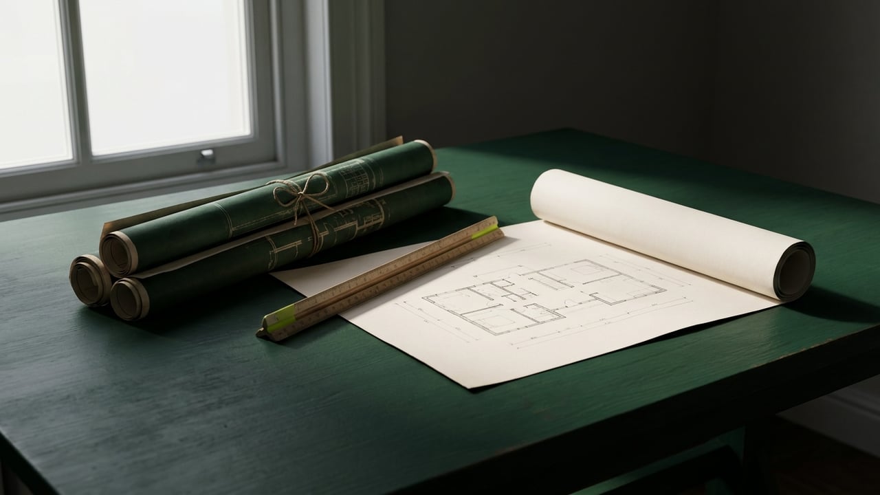 Rolled architectural drawings and a floor plan on a drafting table