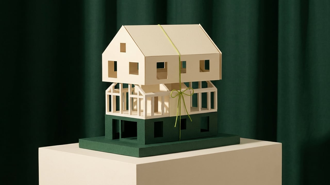 Exploded paper model of a house in cream and dark green