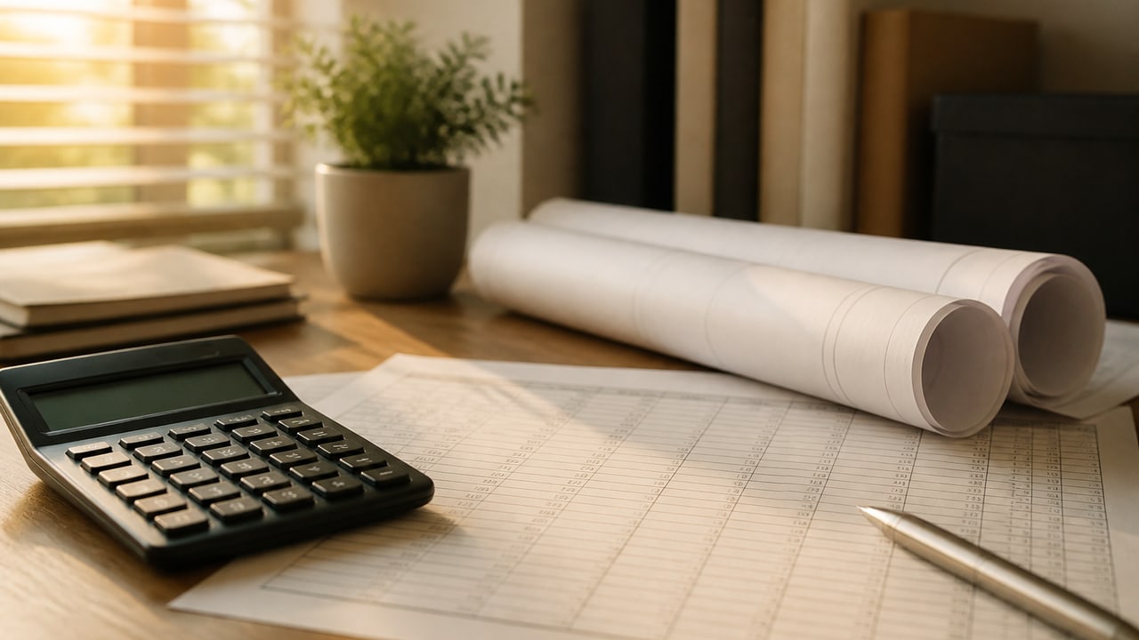 A calculator and a printed spreadsheet beside a rolled drawing set