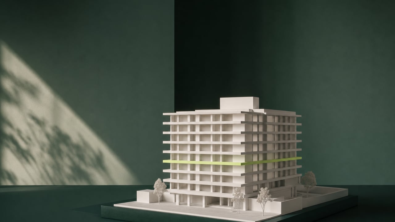 White massing model of a building with one lime-colored floor
