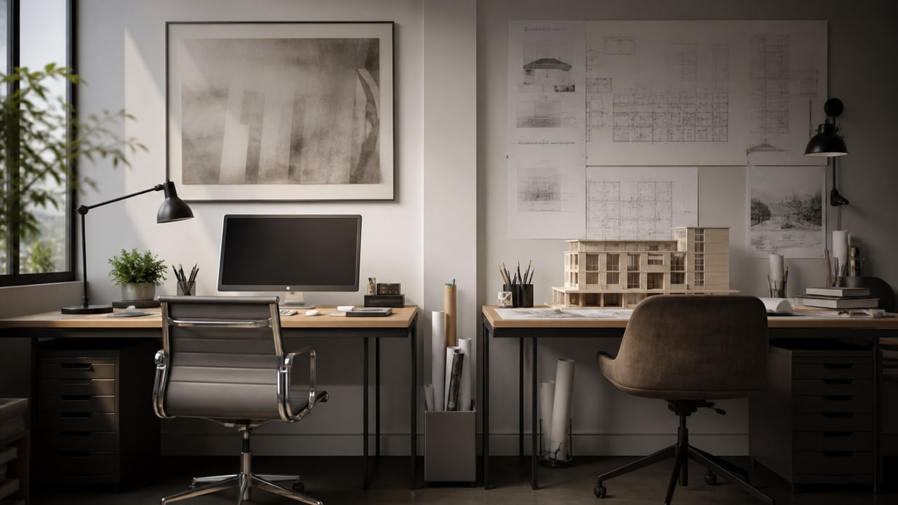 Two adjacent desks shown in symmetry, one general office and one architectural