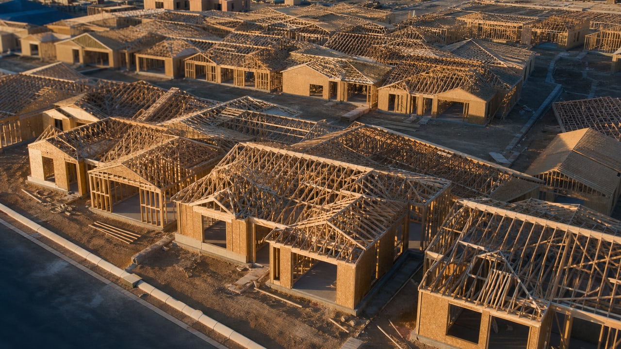 Aerial view of a residential development with rows of identical house frames
