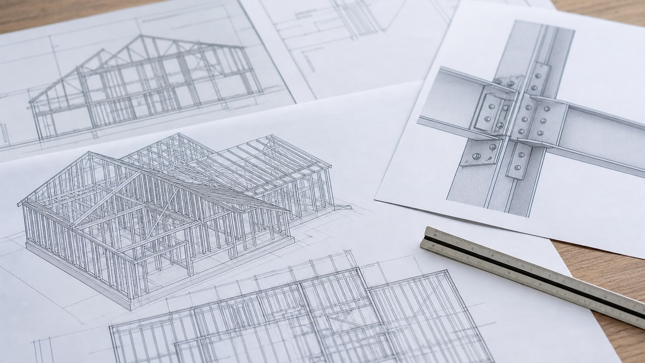 Structural framing drawings for a house beside a connection detail print