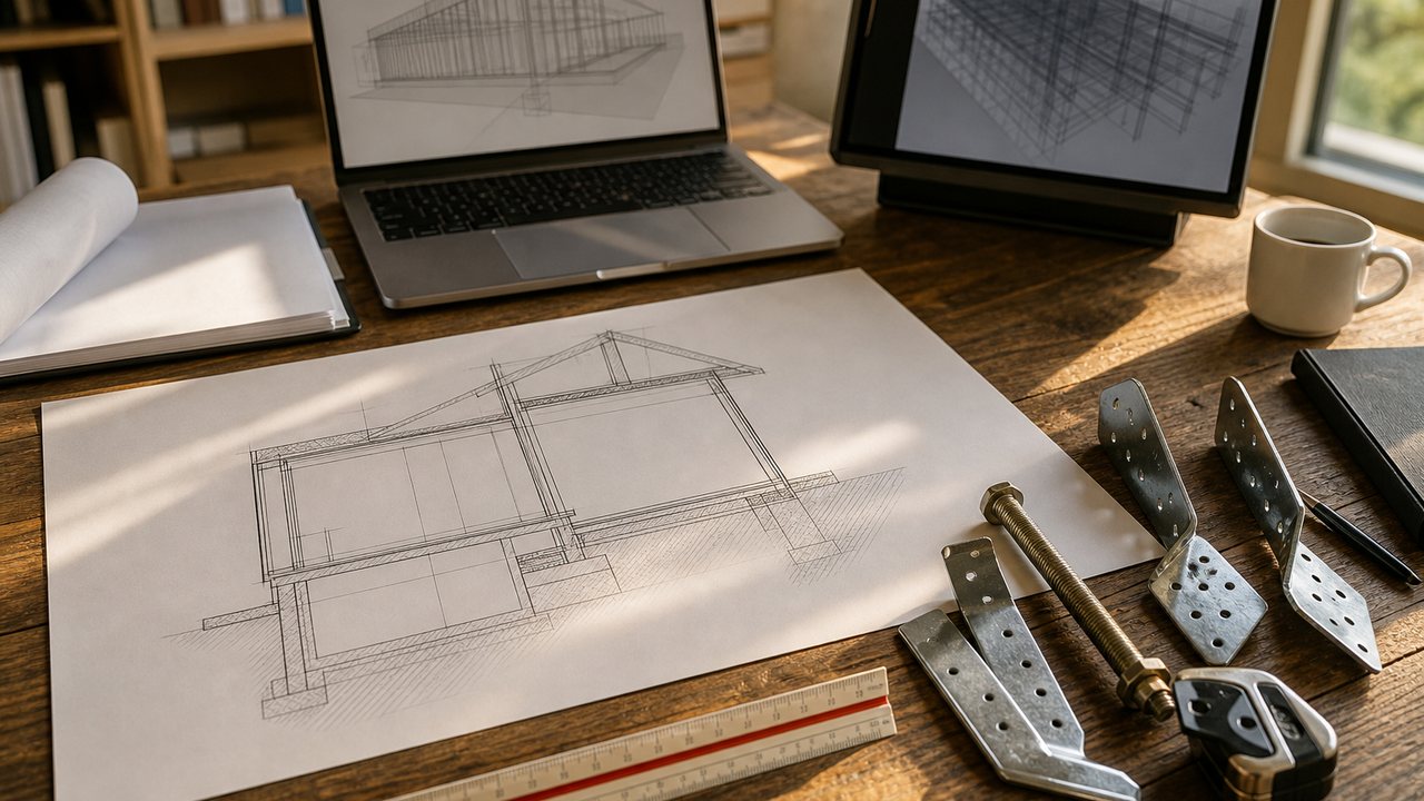 House section drawing beside hurricane straps, an anchor bolt and a scale ruler on a desk
