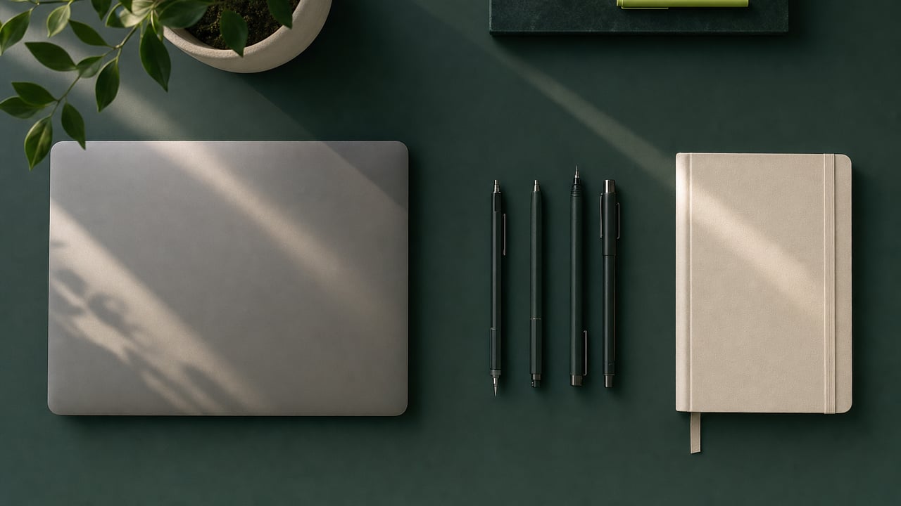 Tidy desk from above with drafting pens and a notebook