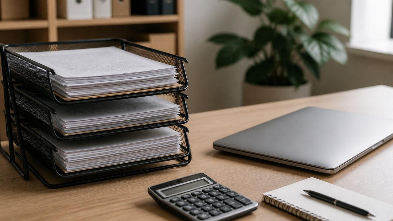 A tidy administrative desk with stacked invoices and a calculator