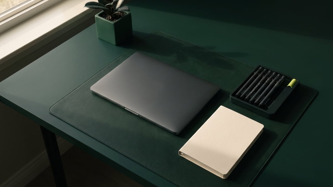 Tidy desk from above with drafting pens and a notebook
