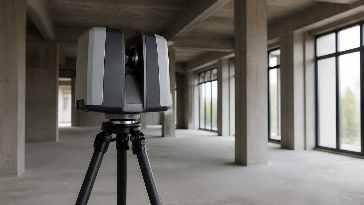 A tripod-mounted laser scanner surveying an empty concrete interior